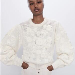 Zara Womens Floral Embroidered Knit Sweater White Puff Sleeves Size Small NEW